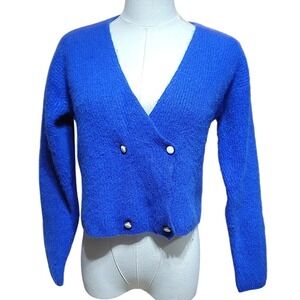 Royal Blue vintage‎ 80 Fuzzy Angora Blend Cropped Cardigan Sweater M